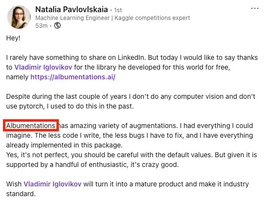 Testimonial from linkedin
