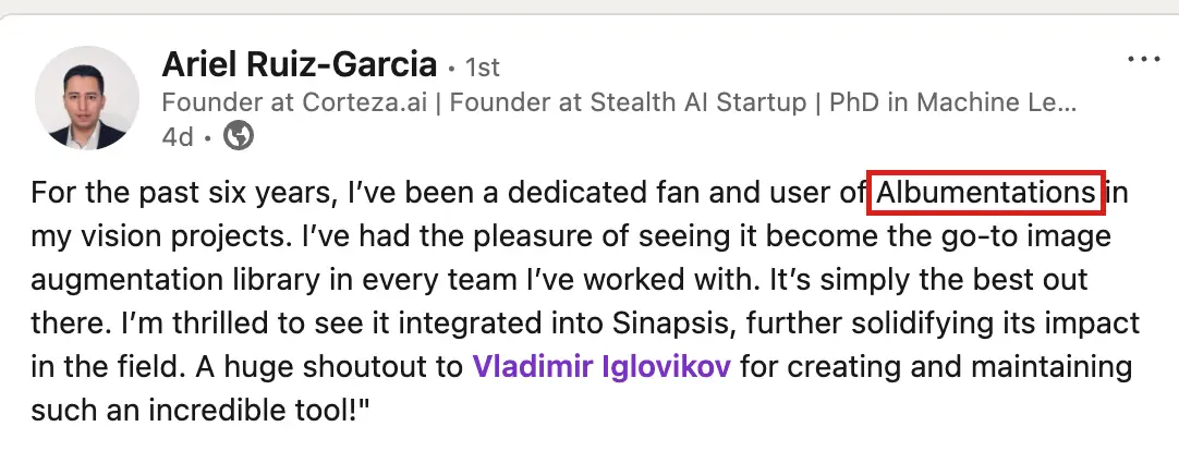 Testimonial from linkedin
