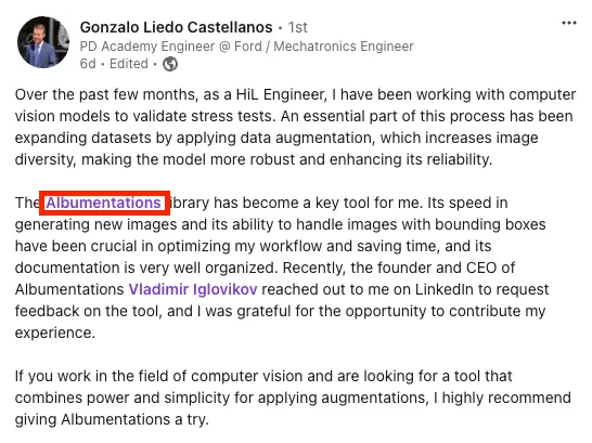 Testimonial from linkedin