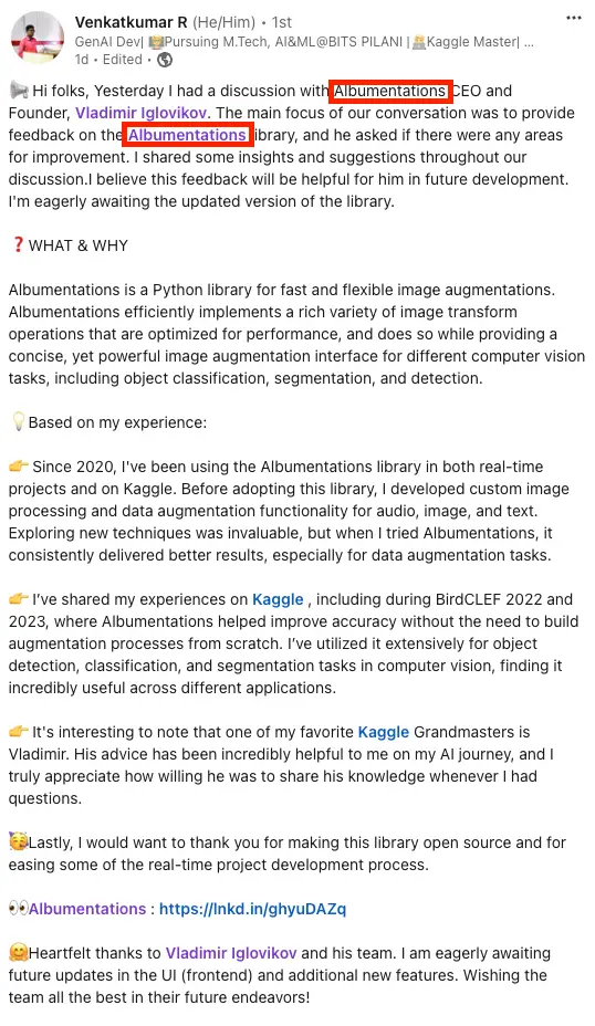 Testimonial from linkedin