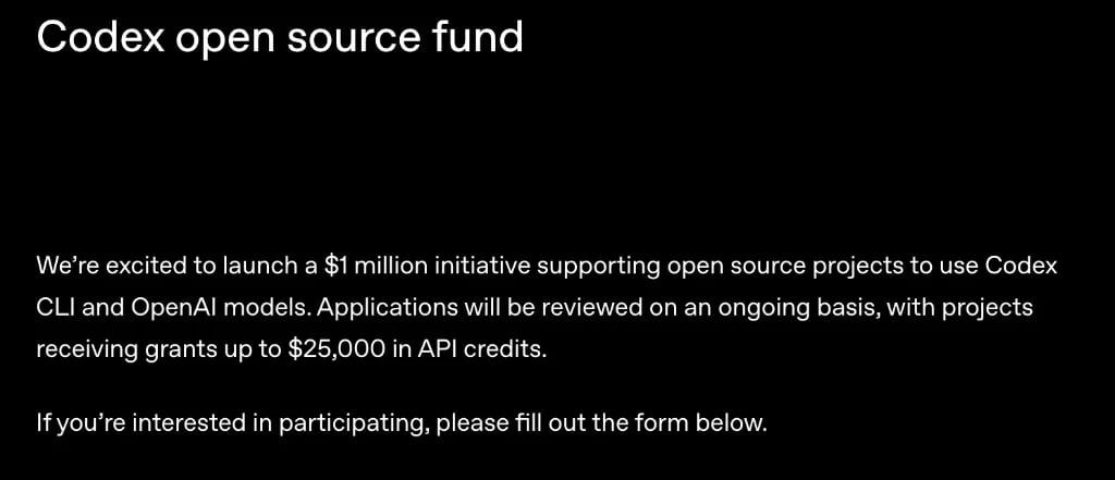 Codex Open Source Fund landing page — "We're excited to launch a \\$1 million initiative... grants up to \\$25,000 in API credits."