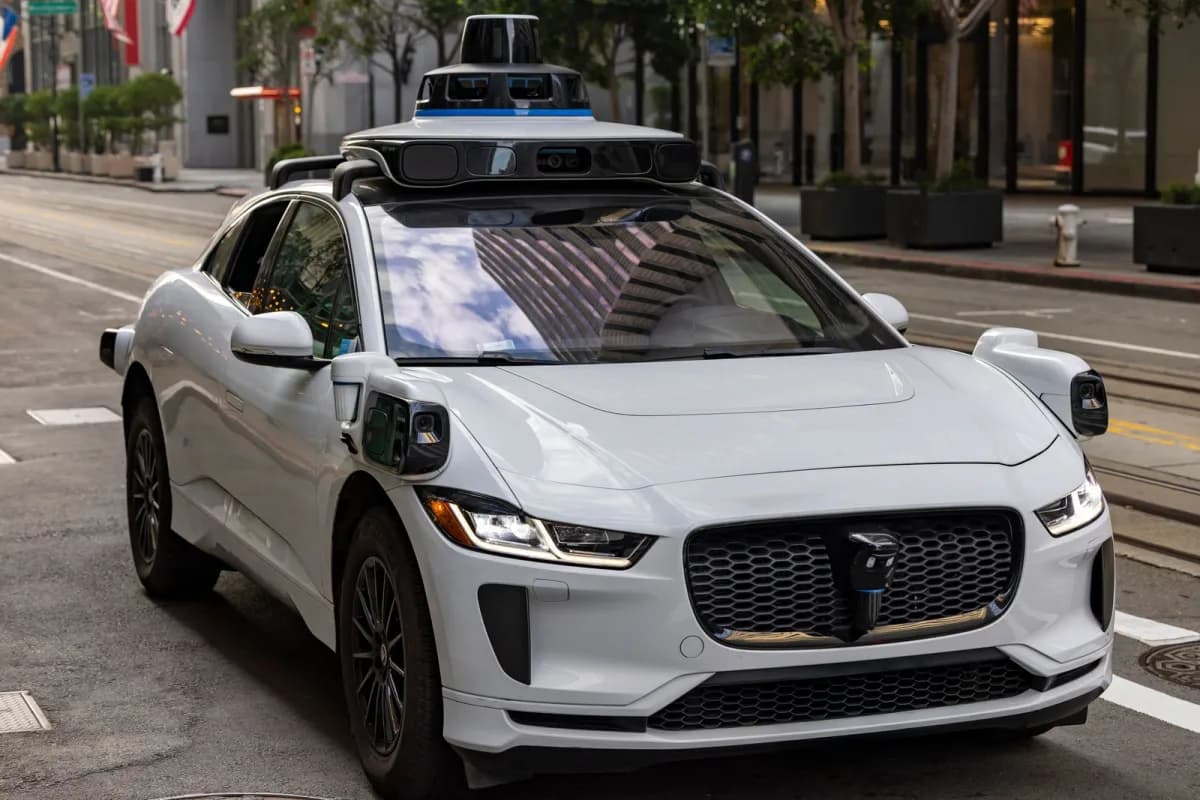 Autonomous vehicle with roof-mounted sensors driving on a city street
