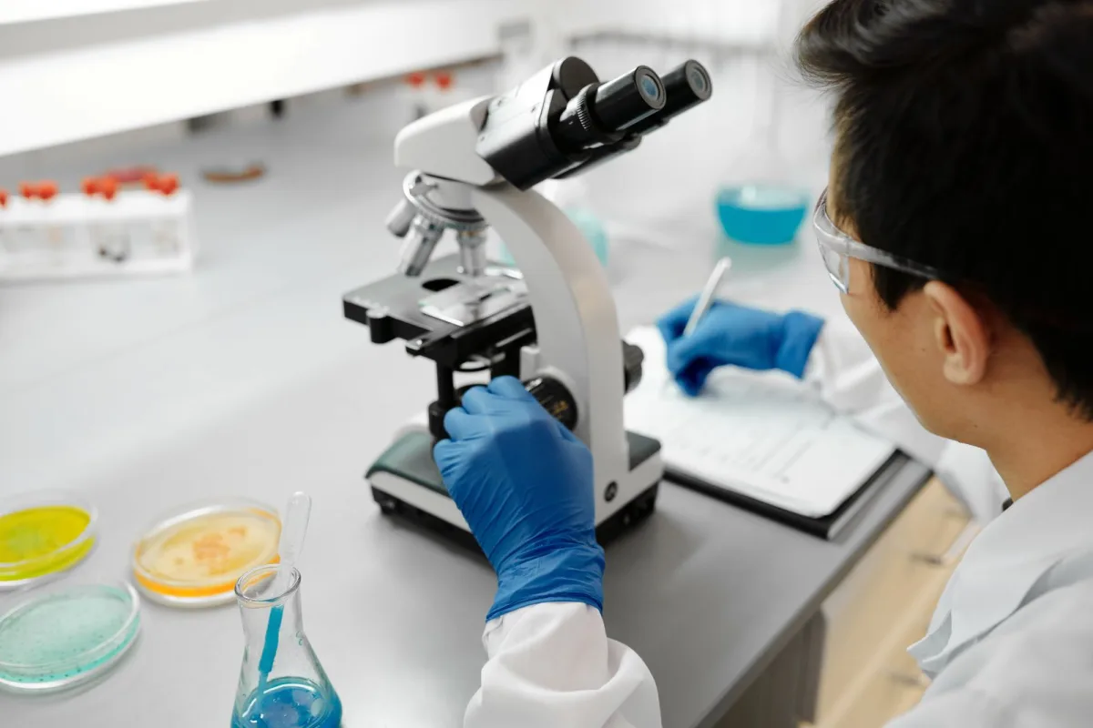 Scientist examining a sample through a laboratory microscope