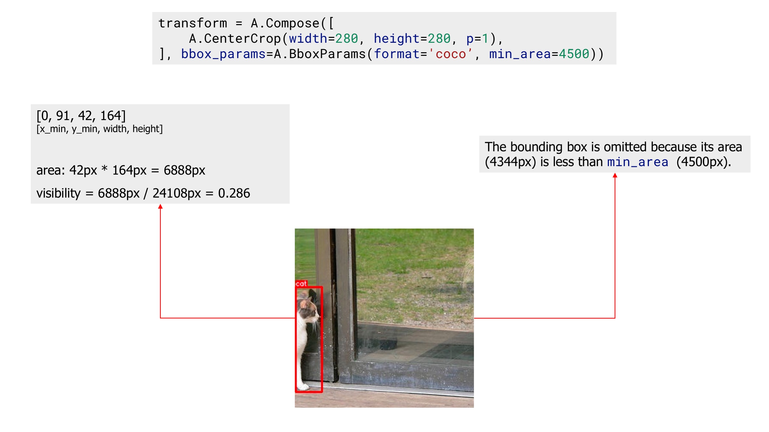An example image with one bounding box after applying augmentation with 'min_area'